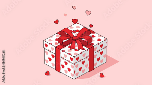 Beautiful gift box with red bow and hearts for Valentine's Day