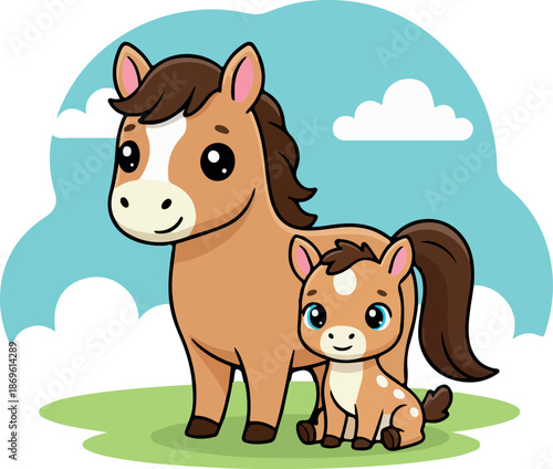 Horse and foal illustrations featuring cute farm animal family, cartoon equestrian figures, and nursery sticker