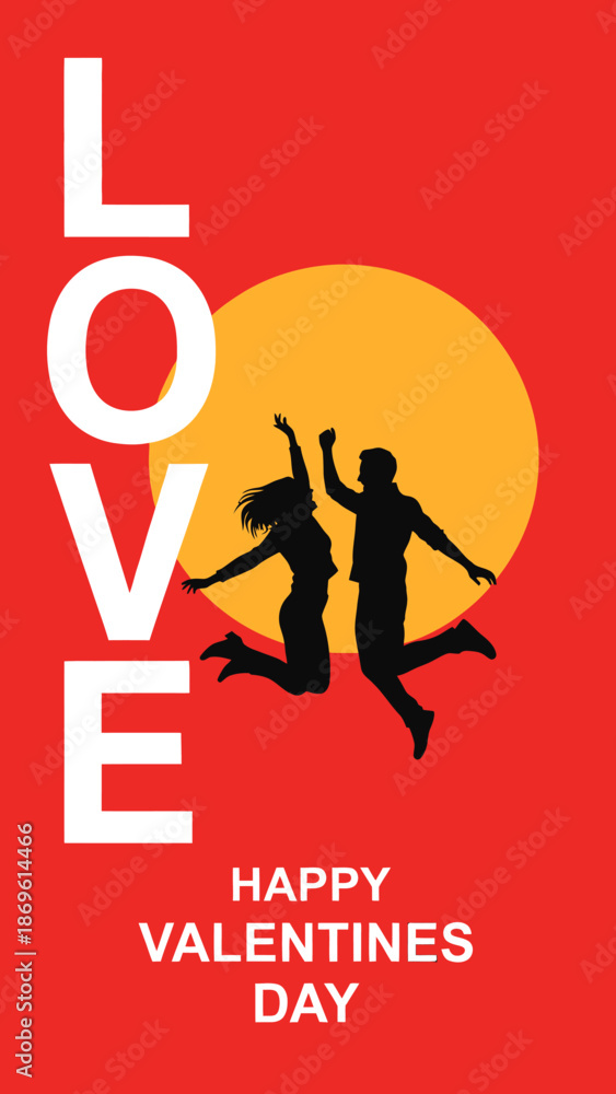 Obraz premium Happy Valentines Day couple jumping in love with sunset