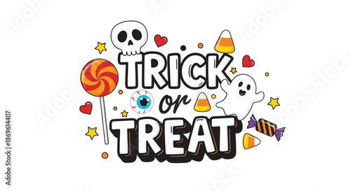 Whimsical "Trick or Treat" banner surrounded by festive Halloween elements like a skull ghosts candy corn a lollipop and an eyeball creates a playful design.