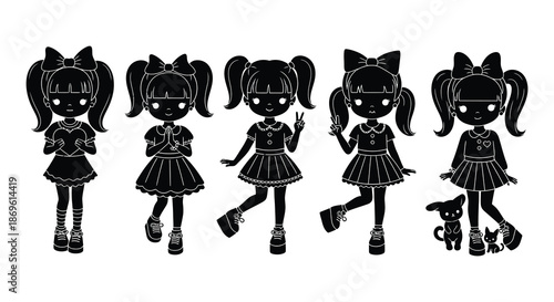 A collection of adorable black silhouette illustrations depicting cute girls with various hairstyles