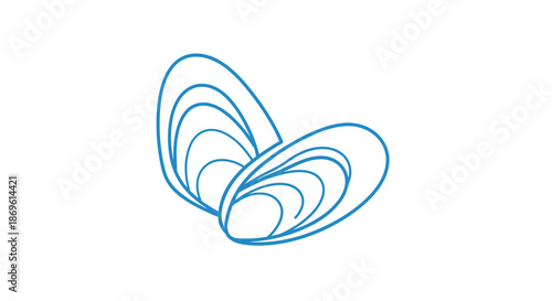 Minimalist blue line art illustration of two simple mussel shells overlapping slightly, conveying a sense of marine tranquility.