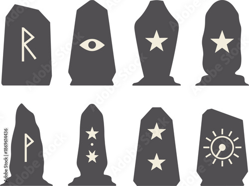 Eight dark grey stone monoliths with light beige symbols rock ancient