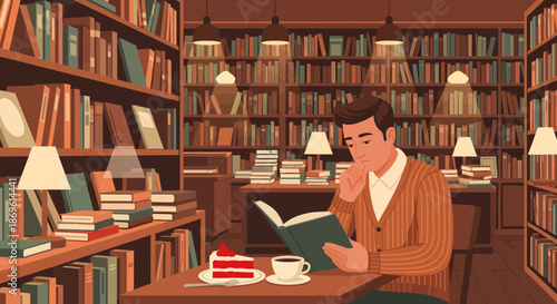 Man Reading Book in Library Setting.