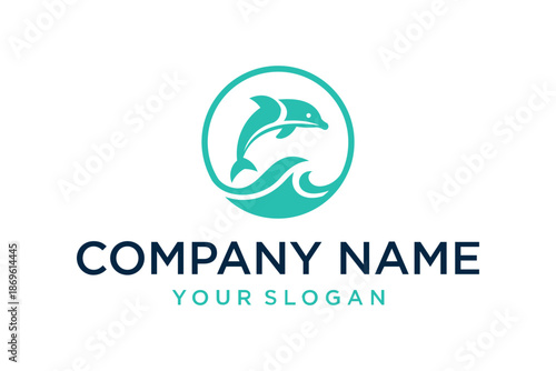 A clean and modern vector logo design showcasing a stylized dolphin leaping gracefully over a wave, elegantly enclosed within a circular frame. This vibrant graphic is perfect for branding businesses 