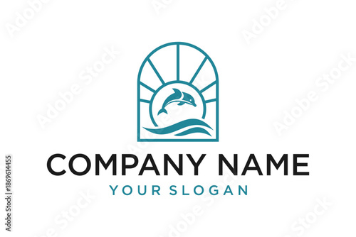 Modern Minimalist Dolphin Logo Design with Arched Window, Waves, and Sun Rays