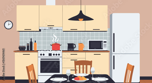 Modern and fully equipped kitchen and dining room interior featuring a refrigerator stove microwave cabinets and a set table.