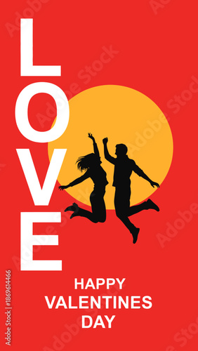 Happy Valentines Day couple jumping in love with sunset