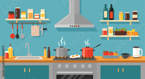 Vibrant modern kitchen interior features cooking pots on a stove shelves filled with ingredients fresh produce and a range hood creating a realistic domestic scene.