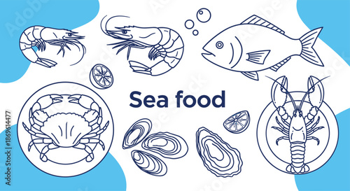 Detailed line art illustration presents various seafood items including shrimp crab fish oysters and lobster with the text "Sea food" on a blue and white background.