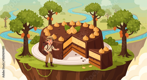 Man Standing on Island with Layered Cake.