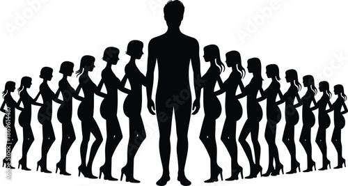 Silhouettes of pregnant women and a man standing in a line holding hands
