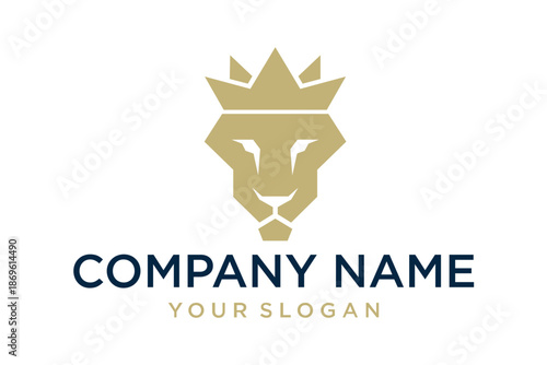 Geometric Lion Head with Crown Logo Design for Company Brand Identity