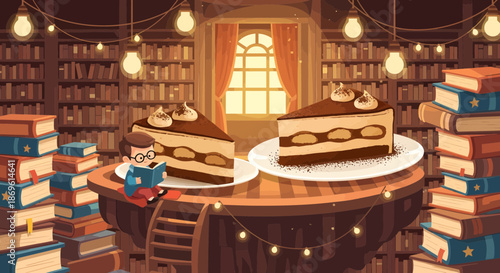 Two giant slices of delicious layered tiramisu cake on a wooden table.