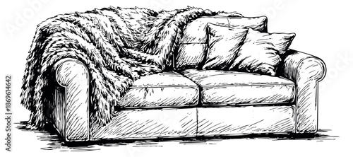 Hand drawn illustration of a cozy sofa depicting a plush blanket and pillows for home interior design and relaxation