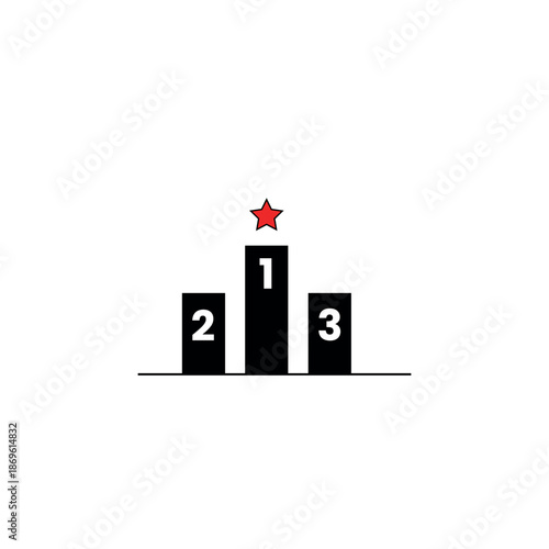 Winners Podium 1-2-3 with Red Star, Minimal Ranking Award Vector Icon on white background