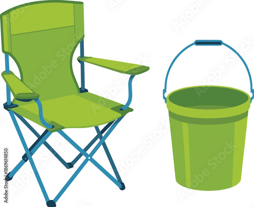 Bright green folding chair and matching bucket with blue frame and handles green chair