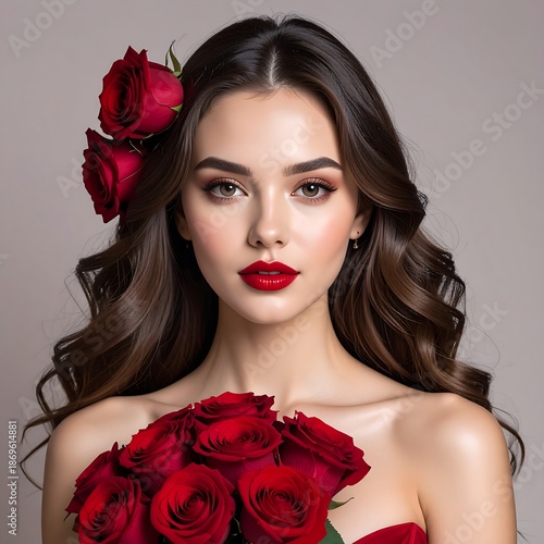 Woman with roses,  glamorous portrait
