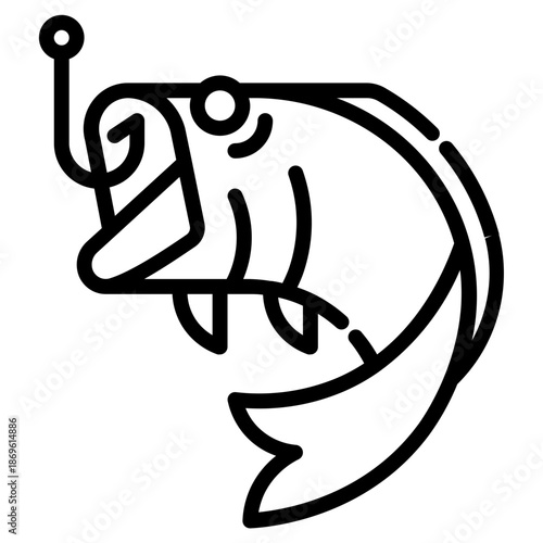 Fish caught on a hook. This is a vector single icon with a dashed line style. It is suitable for various purposes, including website design, mobile app design, and logo design.