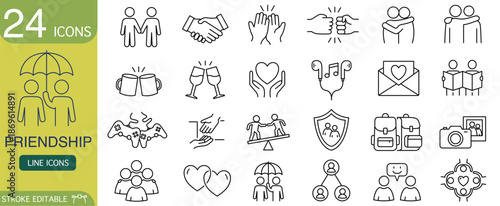 Friendship line icon set, collection of vector symbols showing love, support, and connection. Outline pictograms for trust, relationship, teamwork, and unity concepts