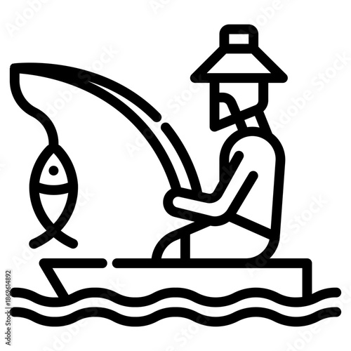 Fisherman. This is a vector single icon with a dashed line style. It is suitable for various purposes, including website design, mobile app design, and logo design.