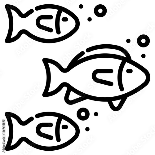 Fish. This is a vector single icon with a dashed line style. It is suitable for various purposes, including website design, mobile app design, and logo design.