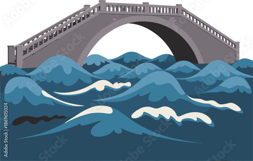 Grey stone arched bridge over stylized blue ocean waves water