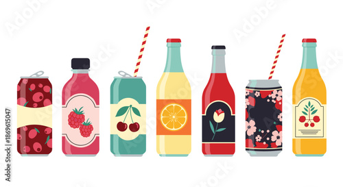 Vibrant assortment of colorful soda and juice cans and bottles with various fruit-themed labels and striped drinking straws.