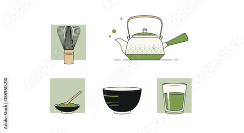 Essential matcha tea preparation items including a traditional whisk elegant teapot matcha powder in bowls and a tea glass.