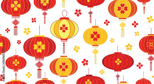 Festive seamless pattern featuring traditional red and yellow Chinese lanterns with delicate floral designs and scattered blossoms.