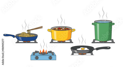 Assortment of steaming cooking pots and pans placed on gas burners preparing various delicious meals and hot water.