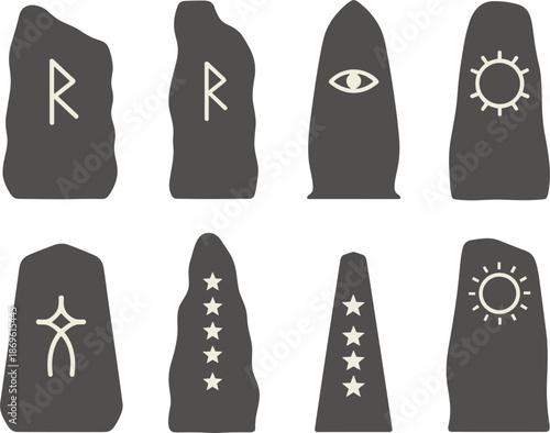 Set of eight dark gray stones with light beige ancient symbols and shapes rock rune