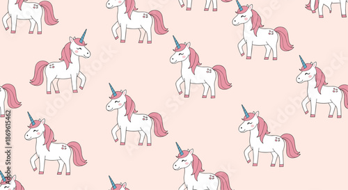 Whimsical seamless pattern featuring a multitude of cute white unicorns with flowing pink manes and tails.