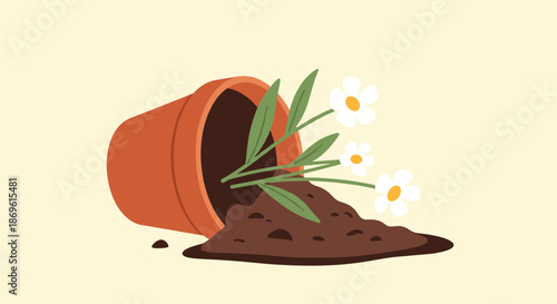 Terracotta pot overturned on its side with soil and white flowers spilling out is depicted on a light beige background representing gardening mishaps or new beginnings.