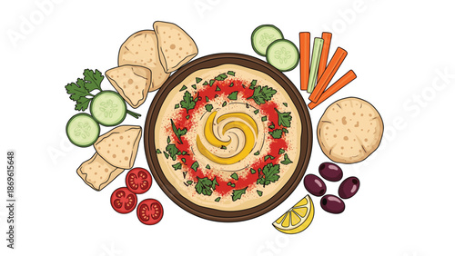 Generous serving of hummus surrounded by pita bread, fresh vegetables, tomatoes, olives, and lemon, creating an appealing mezze spread.