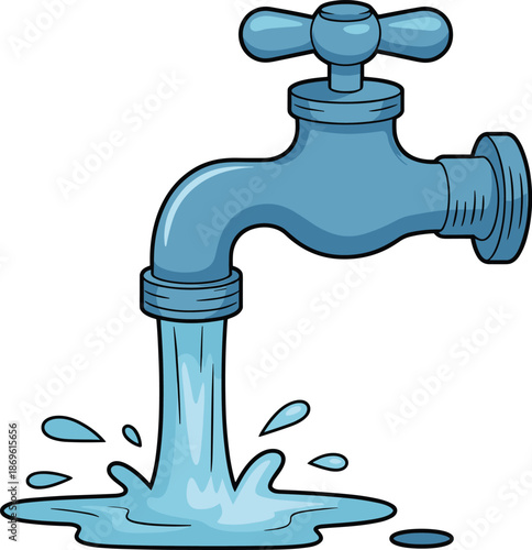 Blue cartoon water faucet with water flowing out and splashing on the ground 1