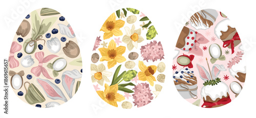 Hand-drawn Easter egg shape greeting cards with spring flowers and bird eggs, Easter cakes and dyed eggs, bow and bunny ears