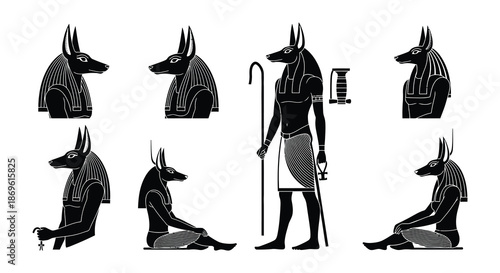 Ancient egyptian anubis god depictions in various poses a stylistic illustration