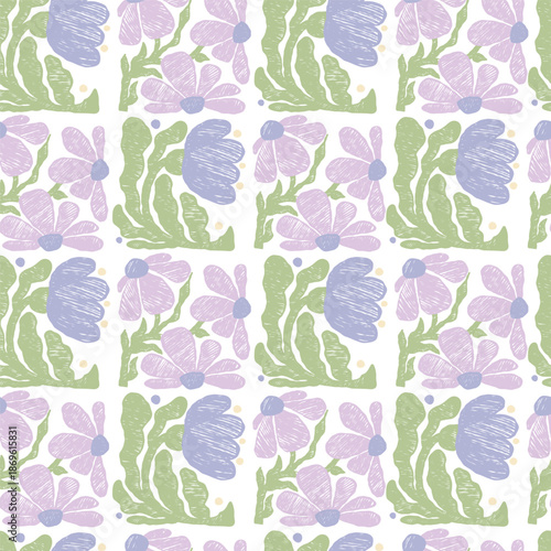 Seamless Flower Pattern. Hand-Drawn Naive Floral Texture with Pencil Hatching. Pastel Floral Surface Repeatable Background. Vector Illustration. Not AI