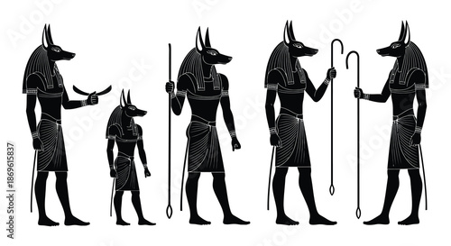 Ancient egyptian anubis god depictions in various poses a stylistic illustration