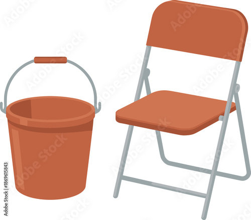 Orange plastic bucket with metal handle next to a folding chair with orange seat and backrest