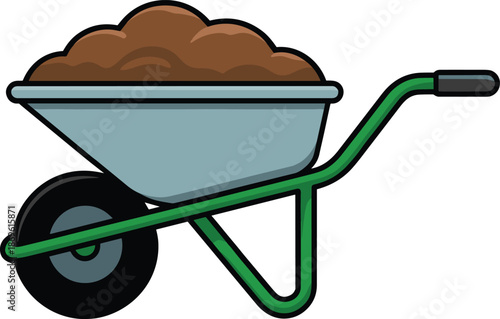 Wheelbarrow filled with soil and a green handle on a white background dirt