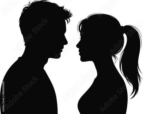 Silhouettes of a man and woman facing each other with one having a ponytail and the other short hair