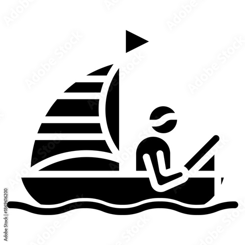 Sailboat. This is a vector single icon with a solid style. It is suitable for various purposes, including website design, mobile app design, and logo design.