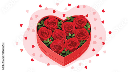 Heart-shaped box filled with vibrant red roses and green leaves, elegantly arranged for a romantic gesture.