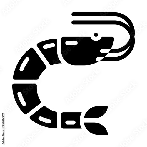 Shrimp. This is a vector single icon with a solid style. It is suitable for various purposes, including website design, mobile app design, and logo design.