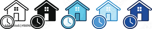 House and Clock Icons: A set of house and clock icons that represent time and home. The clock indicating time related with a house, and these icons are set of monochrome and colored representations.