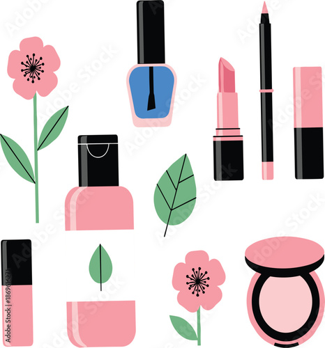 Makeup and beauty cosmetics set with lipstick, nail polish, flowers and leaves flat vector illustration