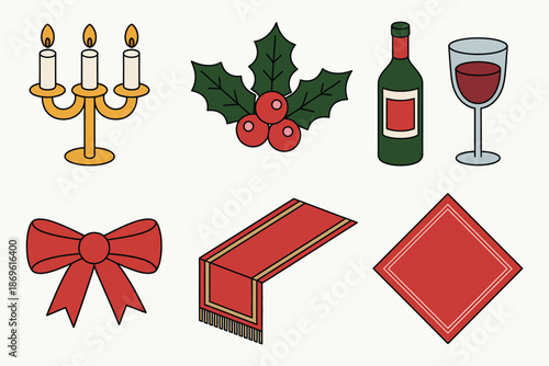 Elegant Xmas table icons, Christmas elegant table flat icon set featuring candelabra, holly leaves, wine bottle, glassware, red ribbon, and festive table runner elements