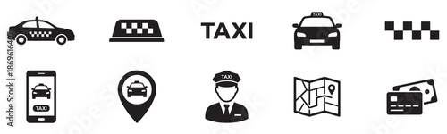 Taxi icon set. Taxi service icon set. Taxi car map pin mark. Black signs of taxi stop place. Vector Illustration. ESP 10